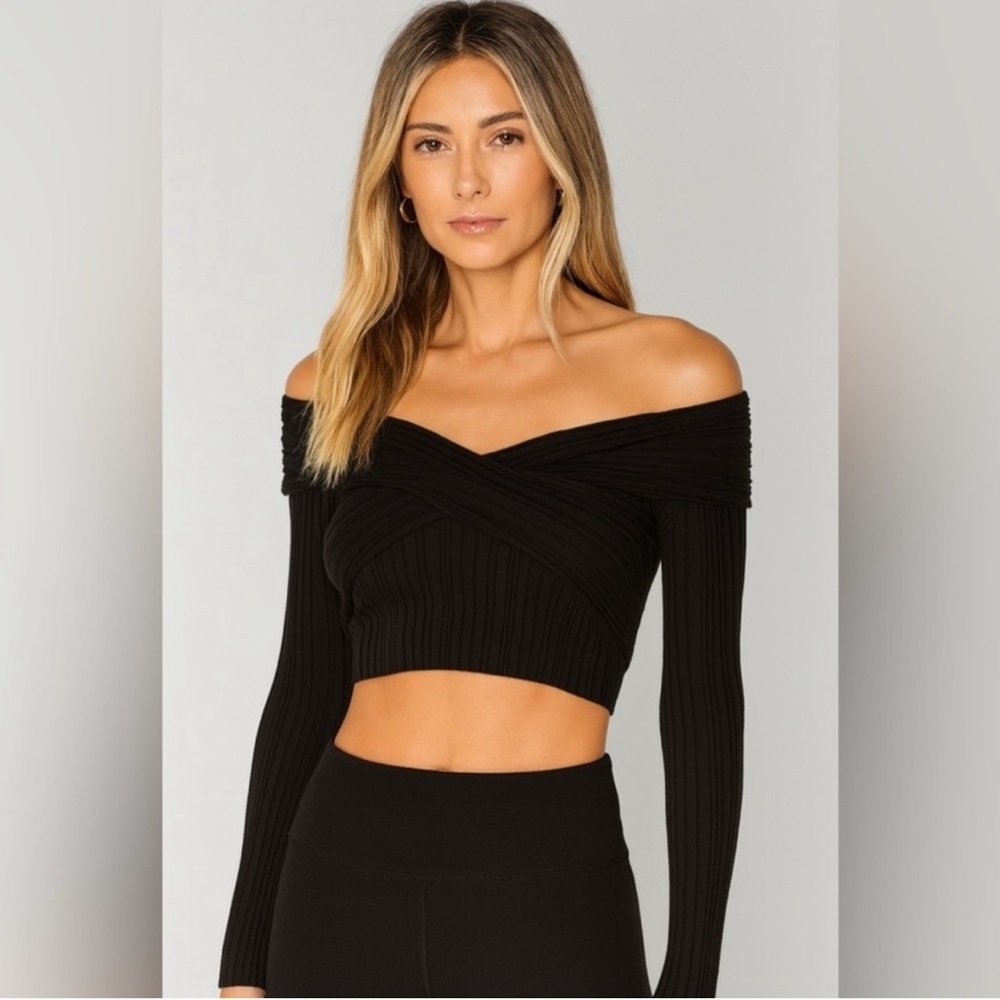 Michael Costello X Revolve Knit Ribbed off Shoulder Top in Black/ Size Medium